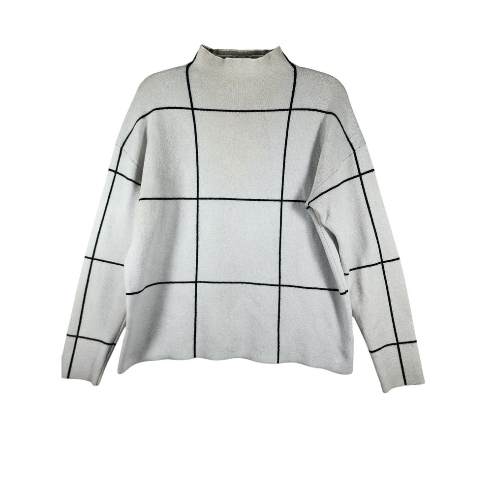Tahari Womens L Windowpane Mock Neck Sweater Gray Black Quiet Luxury Minimalist